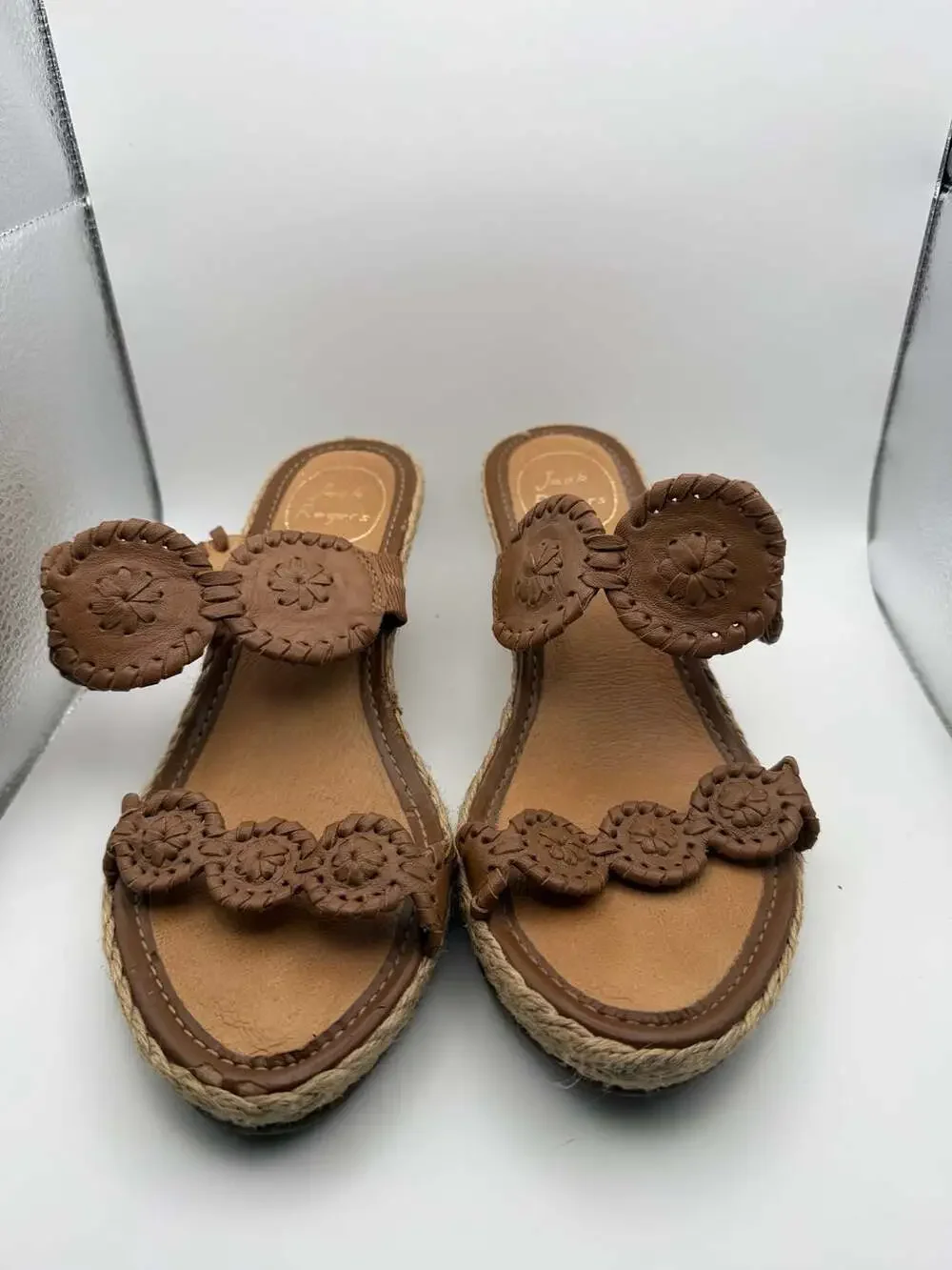 Jack Rogers Shelby Espadrille Wedge Slide Sandals in Brown Leather